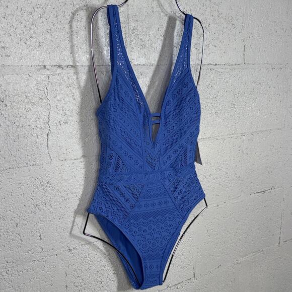 Becca Women's Crochet Plunging One-Piece Keyhole Swimsuit - Cornflower XS $128 - Picture 3 of 14